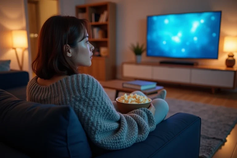 Jeune femme regardant un film en streaming sur sa télévision depuis son canapé confortable à la maison