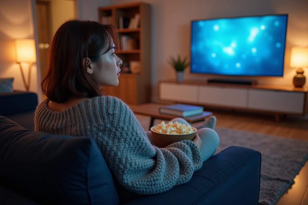 Jeune femme regardant un film en streaming sur sa télévision depuis son canapé confortable à la maison