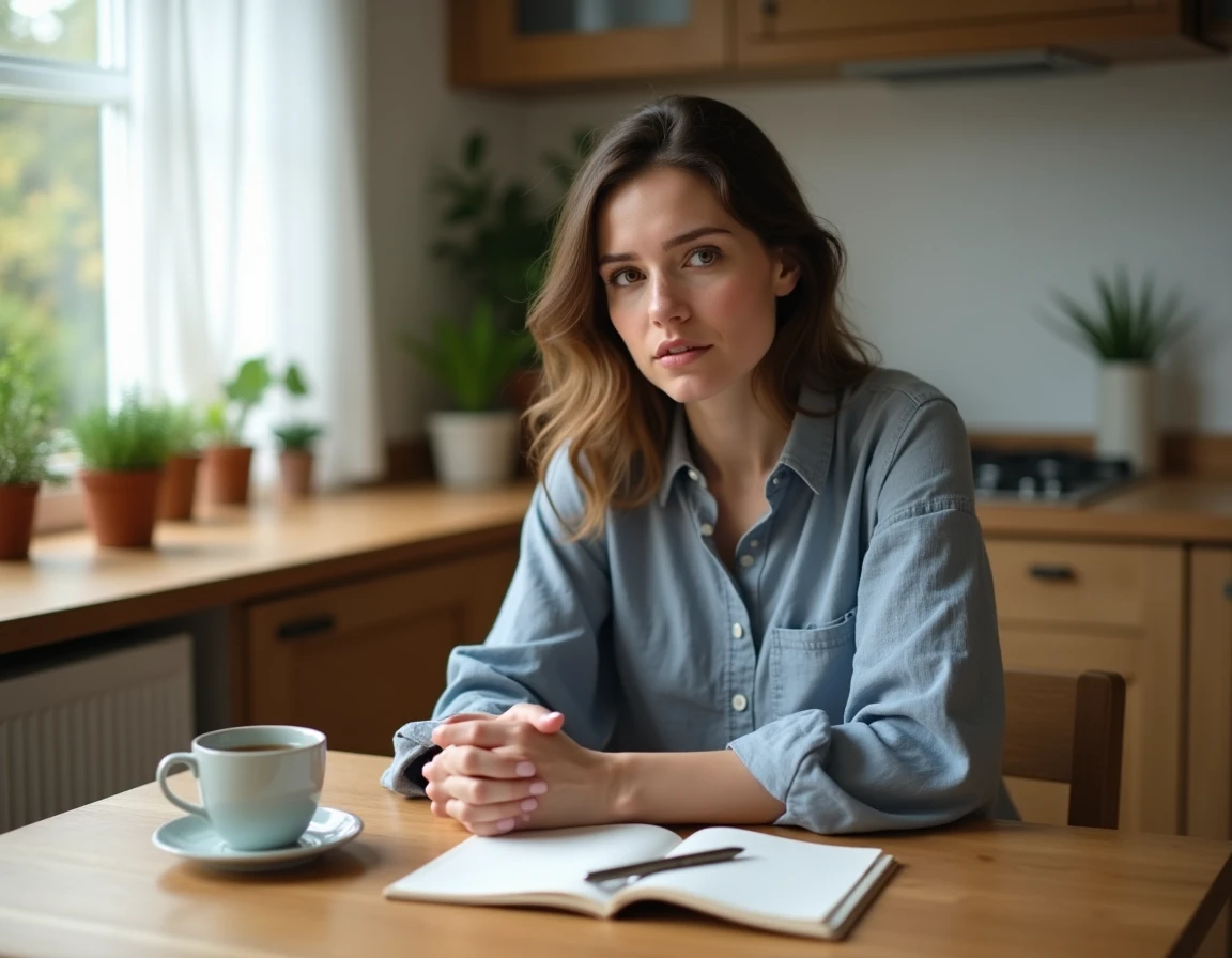 Femme assise à une table de cuisine avec un test de grossesse et un carnet, ambiance apaisée