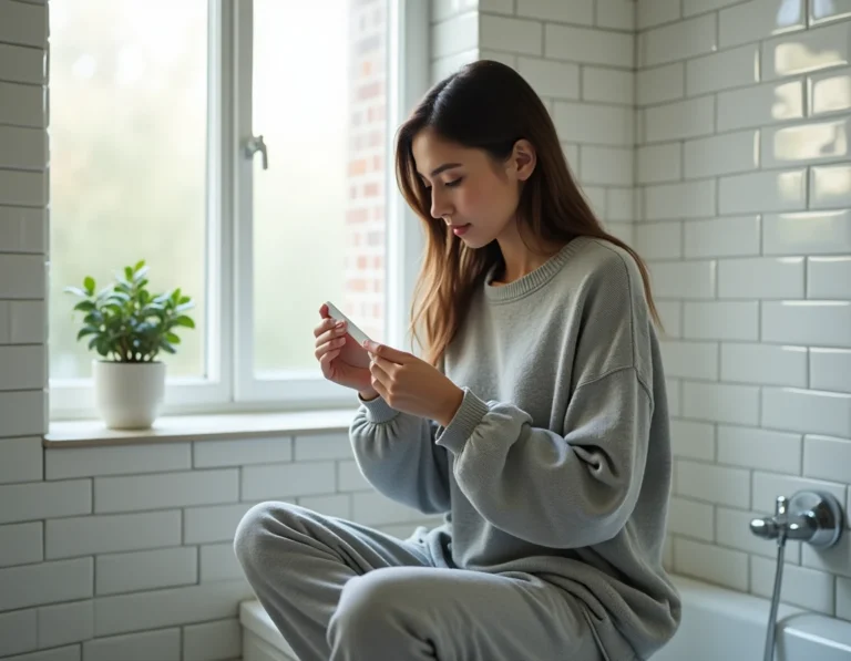 Jeune femme tenant un test de grossesse dans une salle de bain lumineuse après une IVG