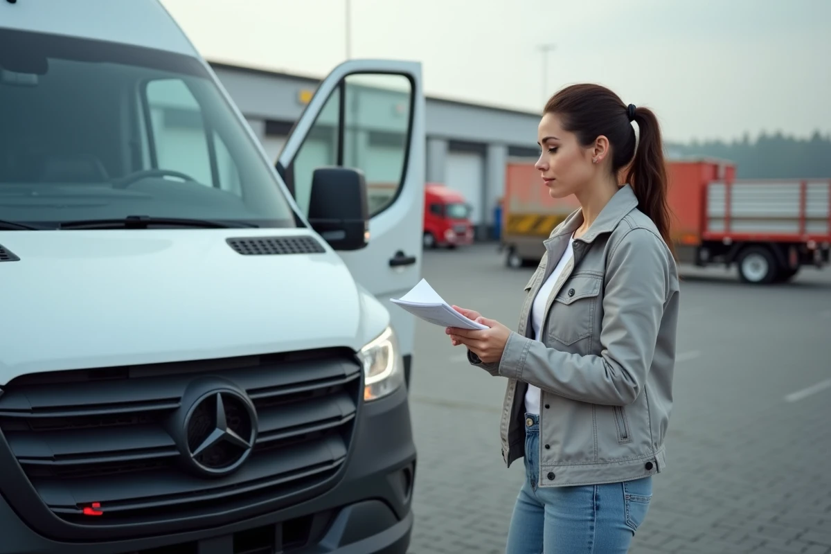 Jeune femme regardant un van blanc en ville