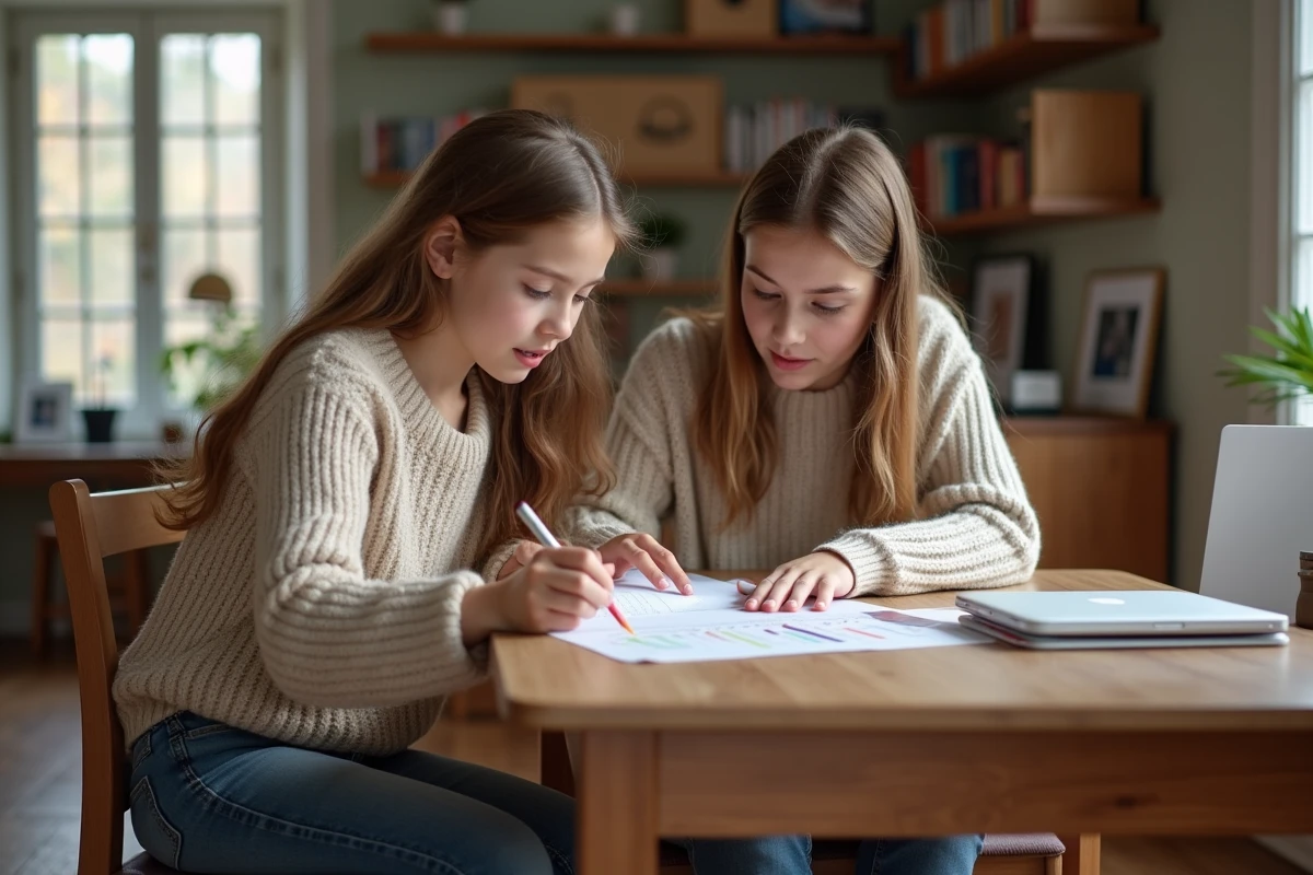 Fille et mère analysant un bulletin scolaire à la maison
