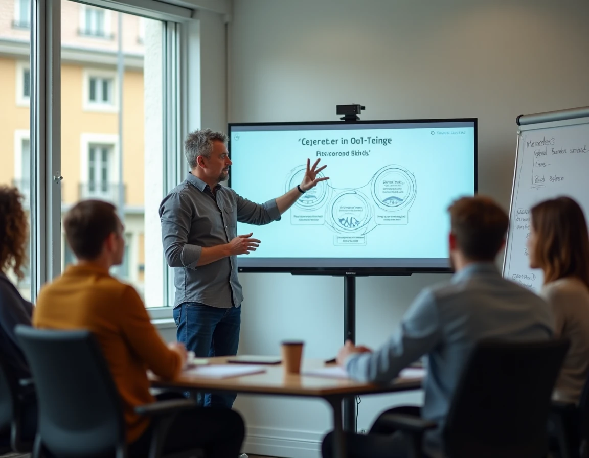 Formateur animant un atelier de reconversion professionnelle pour adultes dans un centre de formation