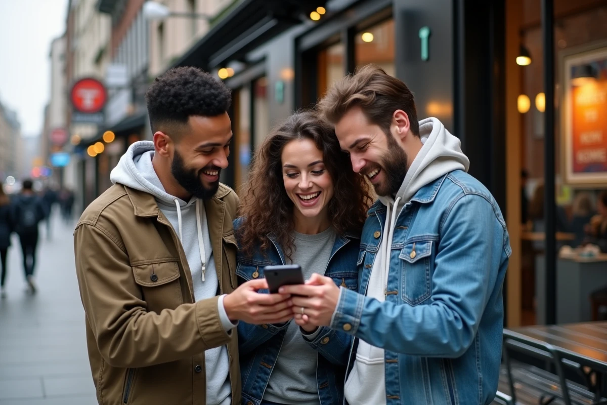 Trois amis souriants partageant un smartphone dans une rue urbaine