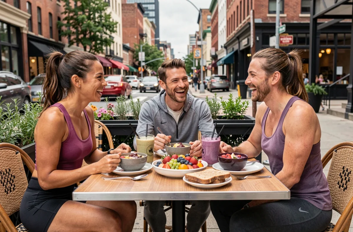 Groupe d'athlètes partageant un petit-déjeuner nutritif équilibré en terrasse après une séance de course à pied matinale