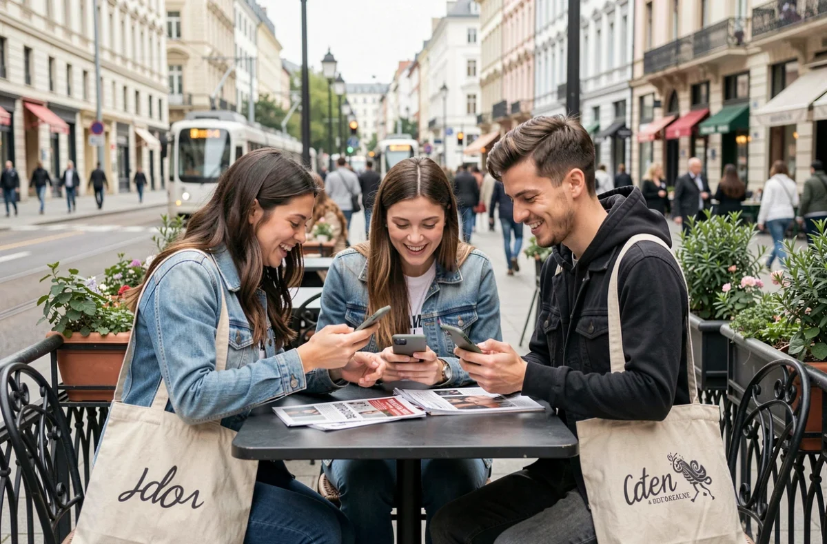 Groupe de jeunes adultes consultant les informations en temps réel sur leurs smartphones en terrasse de café en ville