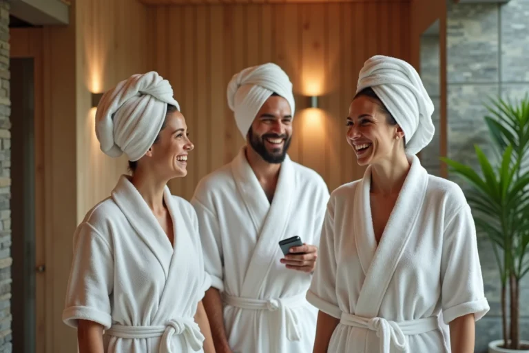Groupe de trois personnes dans un spa en transition sauna et hammam