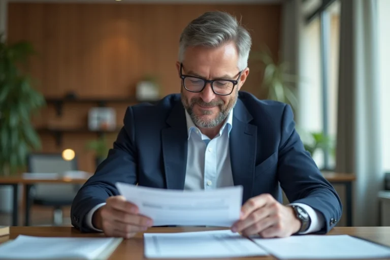 Homme d'affaires en costume bleu examine des documents financiers