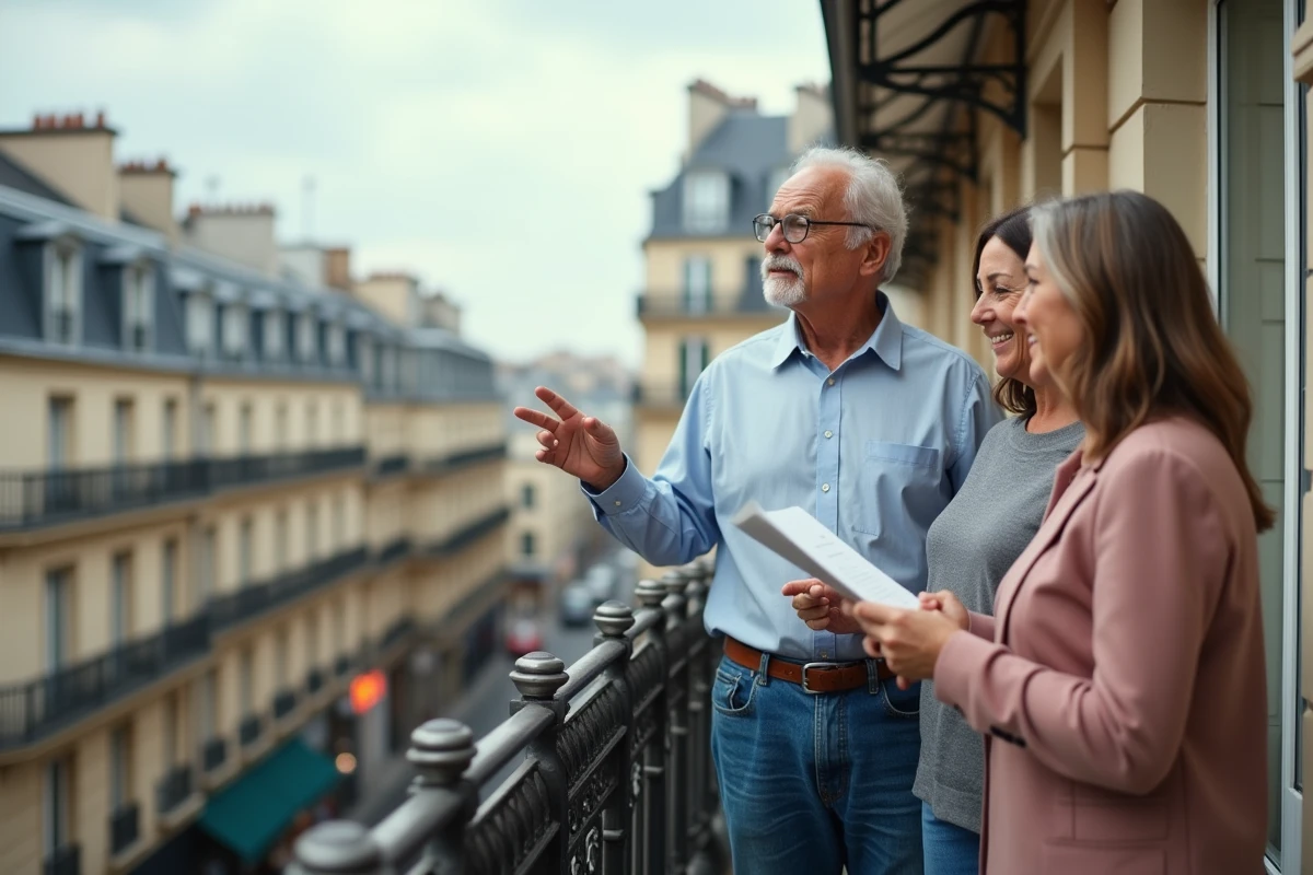 Homme âgé montrant un panorama parisien depuis un balcon