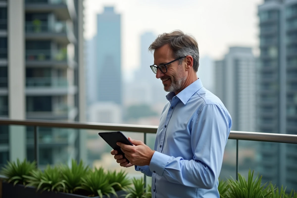Homme regardant son tablet sur un balcon en ville