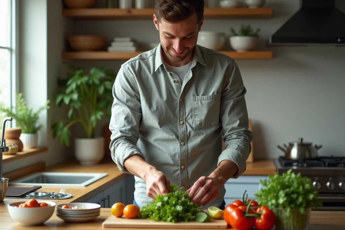 Jeune homme préparant une salade dans une cuisine moderne