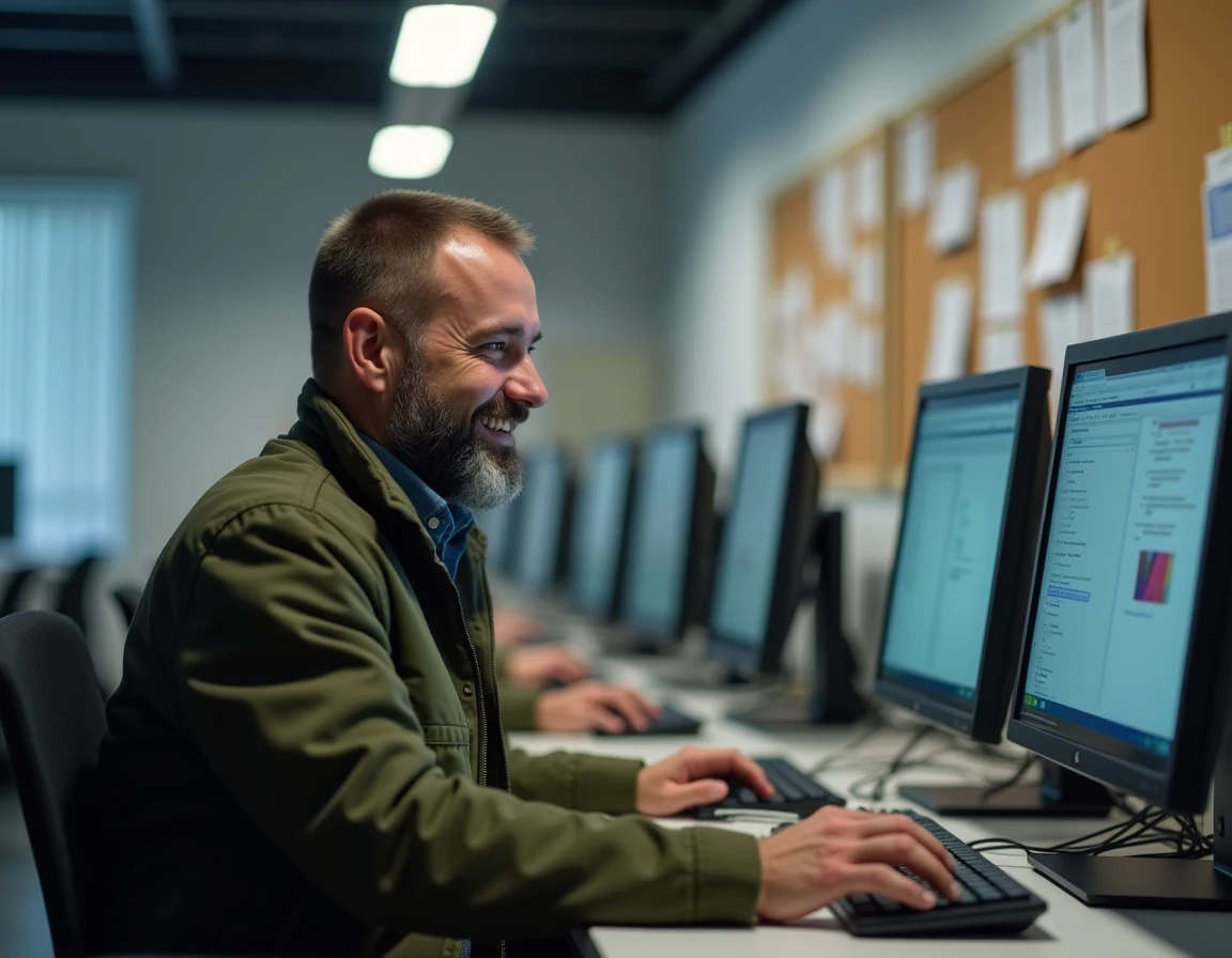 Homme adulte en reconversion utilisant un ordinateur dans la salle informatique d'un centre de formation à Thouars