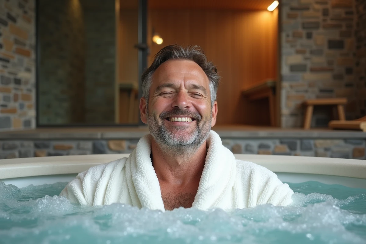 Homme détendu dans un jacuzzi avec un sourire naturel