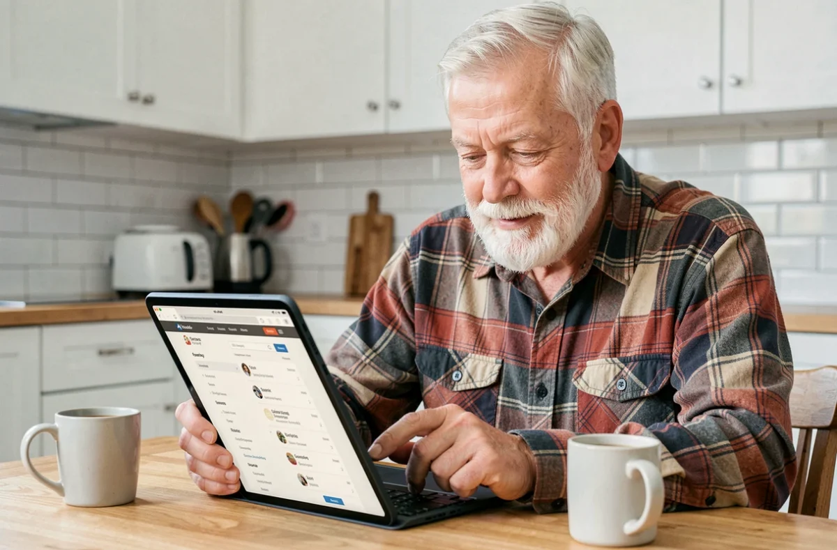 Homme senior utilisant une tablette pour explorer le plan du site d'un portail dédié aux retraités