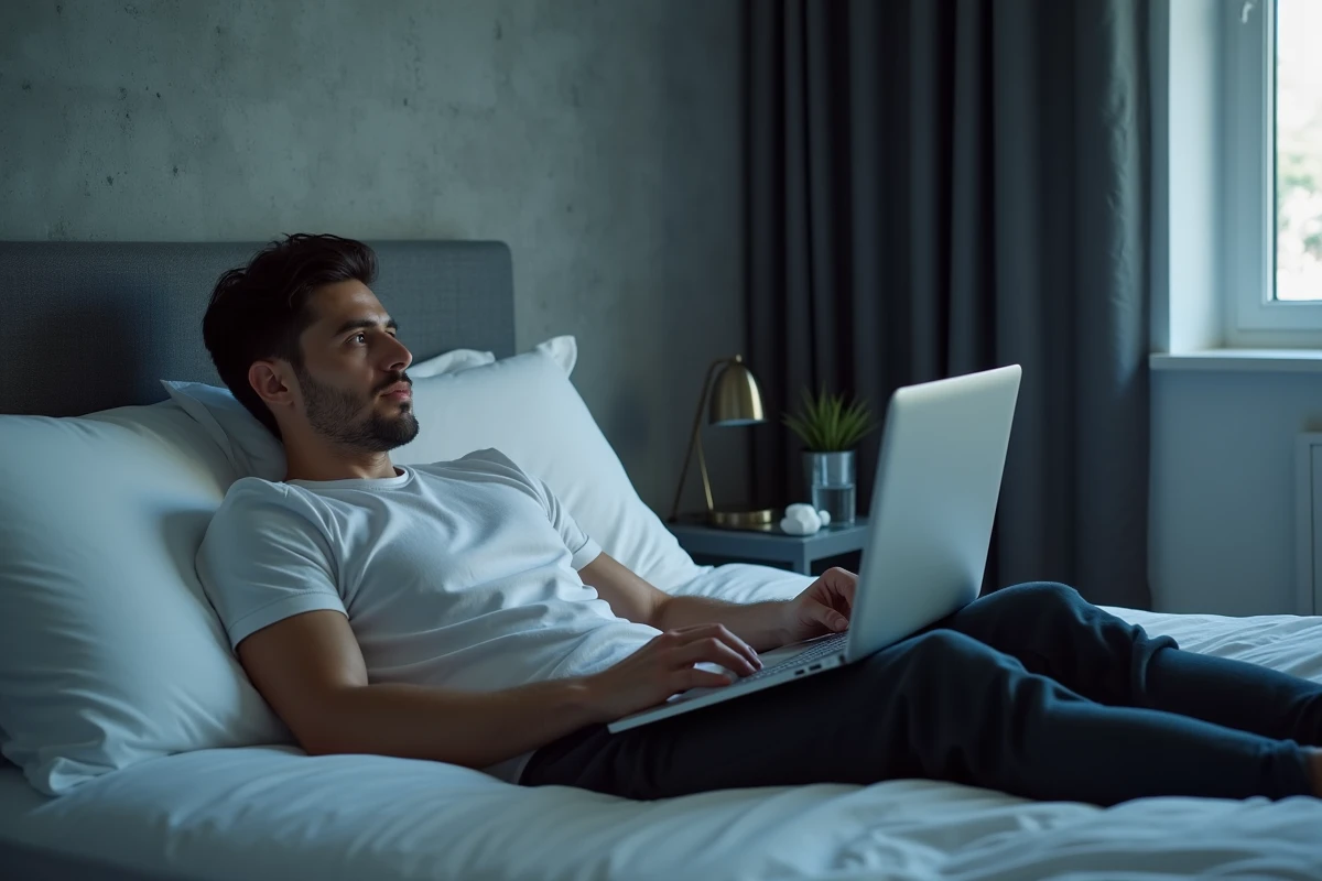 Homme regardant un service de streaming vidéo sur ordinateur portable allongé sur son lit