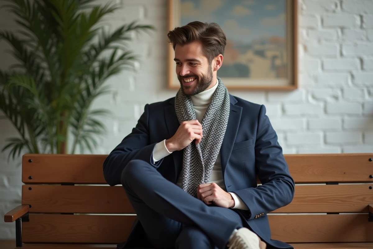 Homme en intérieur ajustant une écharpe tendance