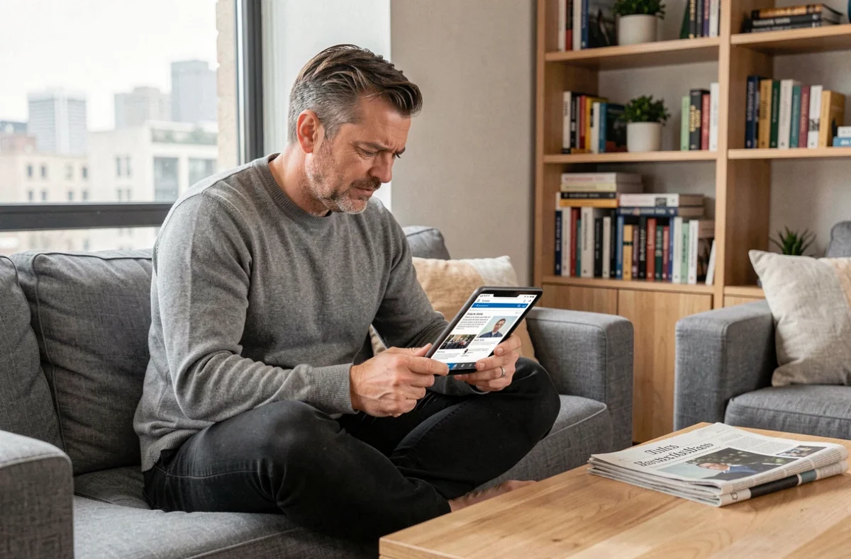 Homme consultant les informations essentielles du jour sur une tablette numérique dans son salon