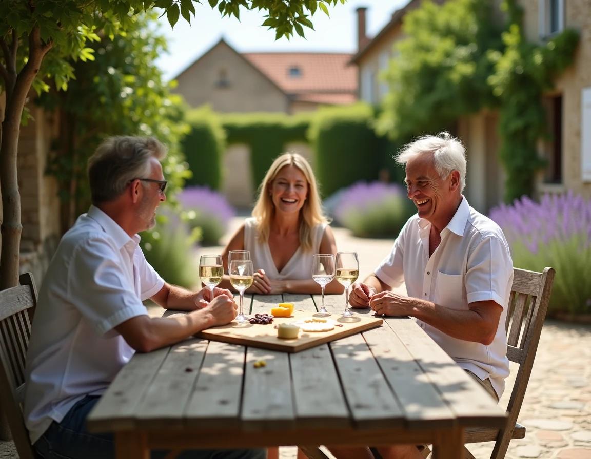 Groupe d'amis jouant à un jeu de société sur une terrasse en pierre d'une maison de campagne française
