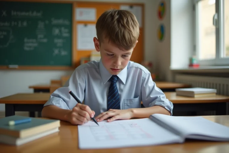 Garçon en uniforme scolaire dans une classe lumineuse