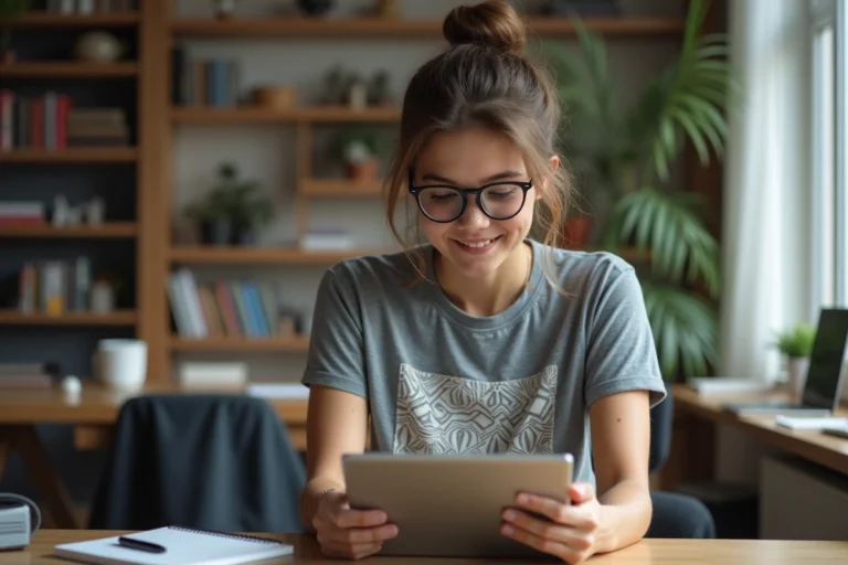 Jeune femme concentrée utilisant une tablette dans un bureau moderne
