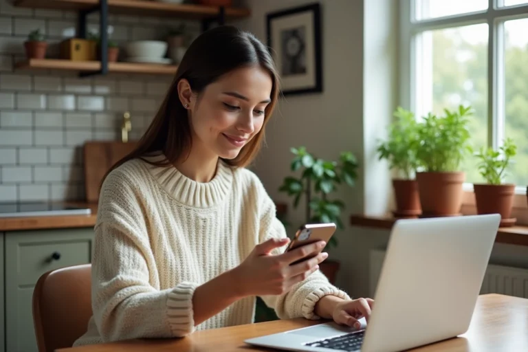 Jeune femme lisant en ligne dans sa cuisine chaleureuse