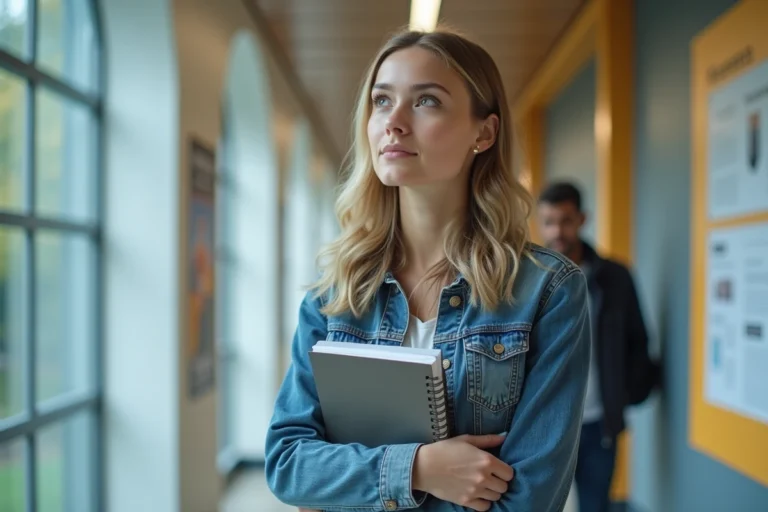 Jeune femme confiante dans un couloir universitaire moderne