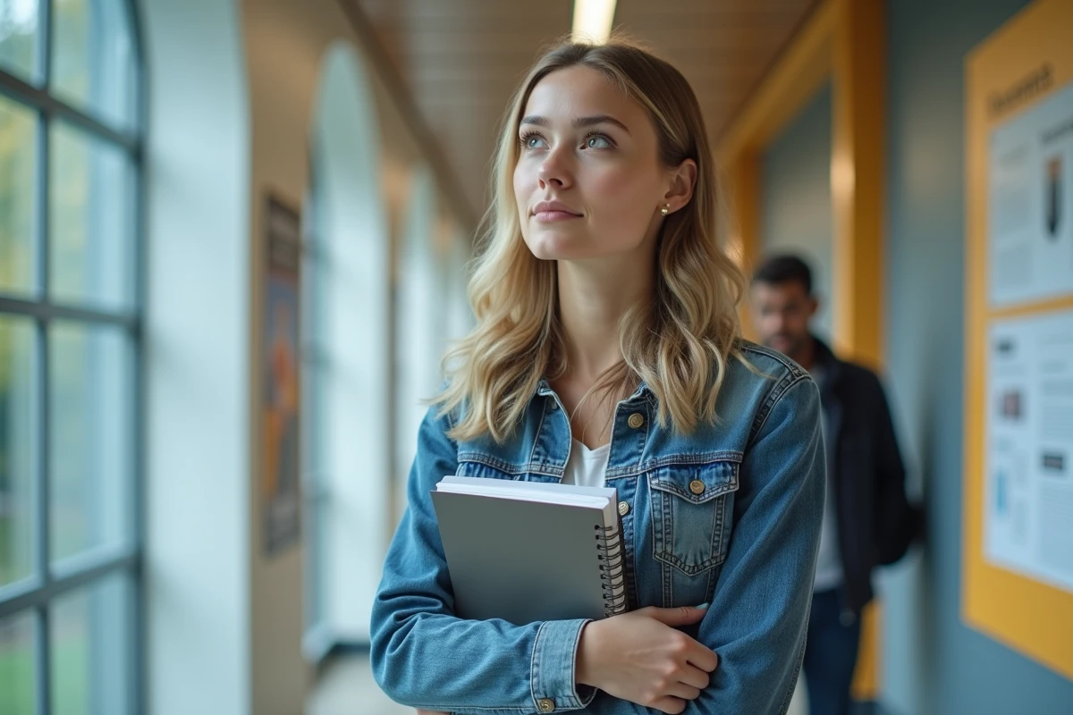 Jeune femme confiante dans un couloir universitaire moderne