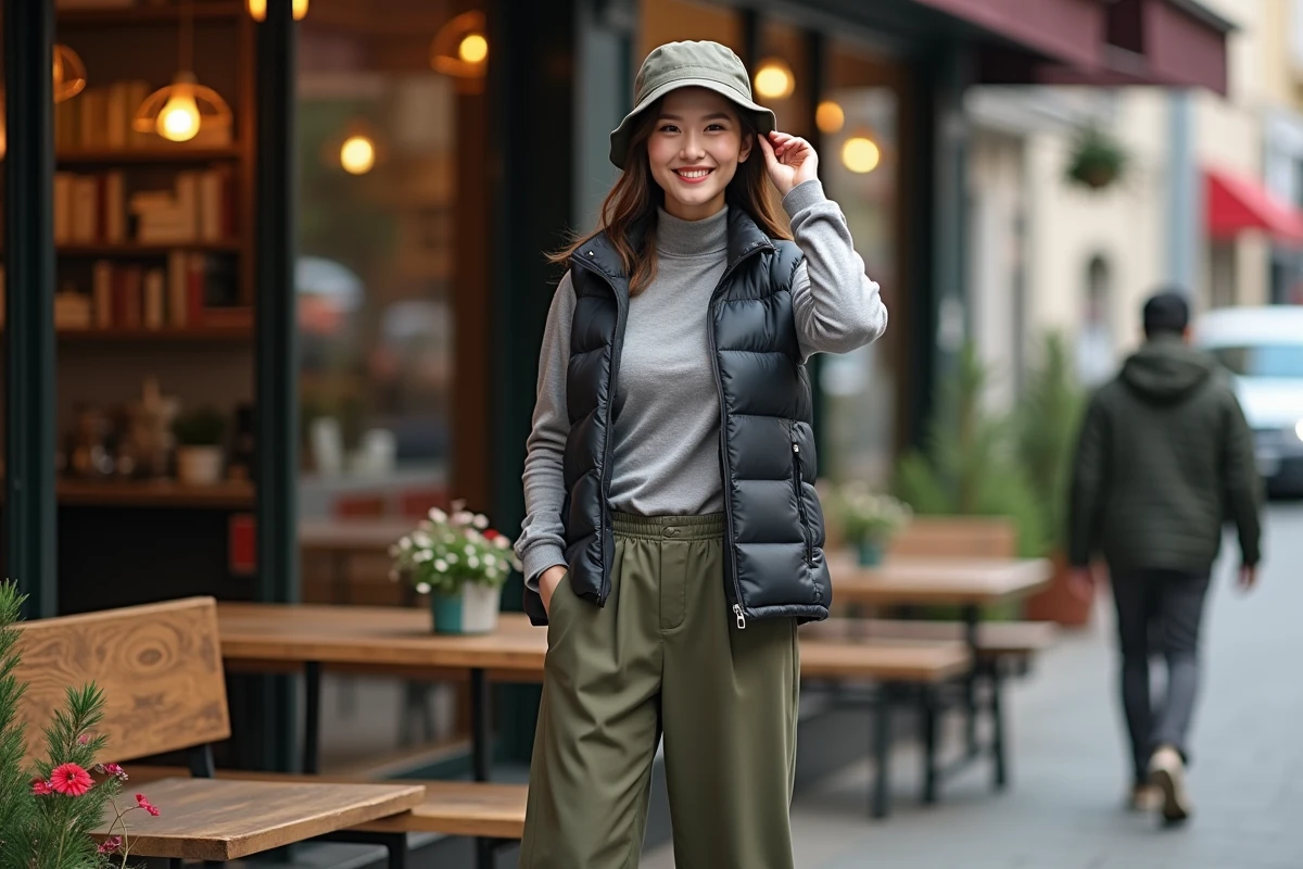 Jeune femme en tendance urbaine devant un café branché
