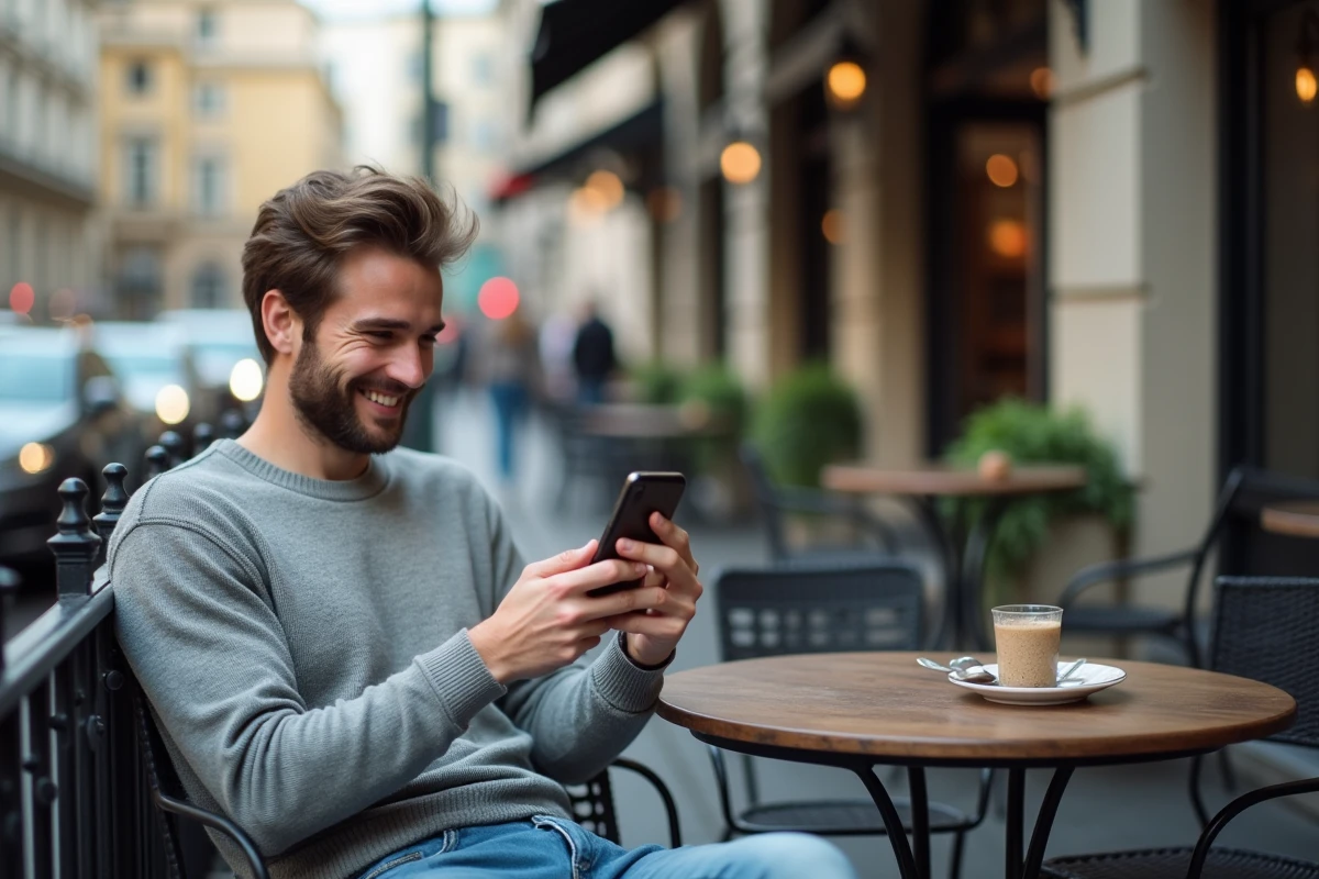 Jeune homme utilisant son smartphone dans un café en ville