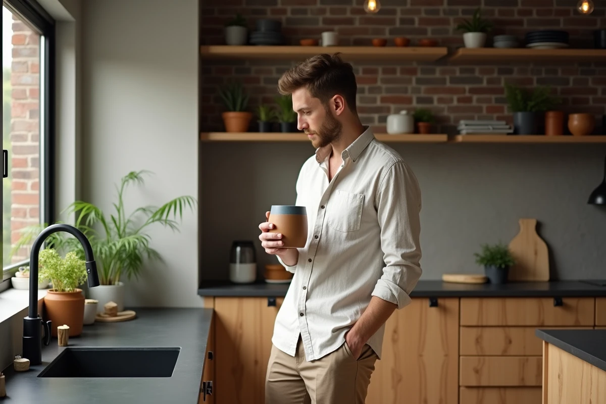 Jeune homme dans une cuisine urbaine lumineuse