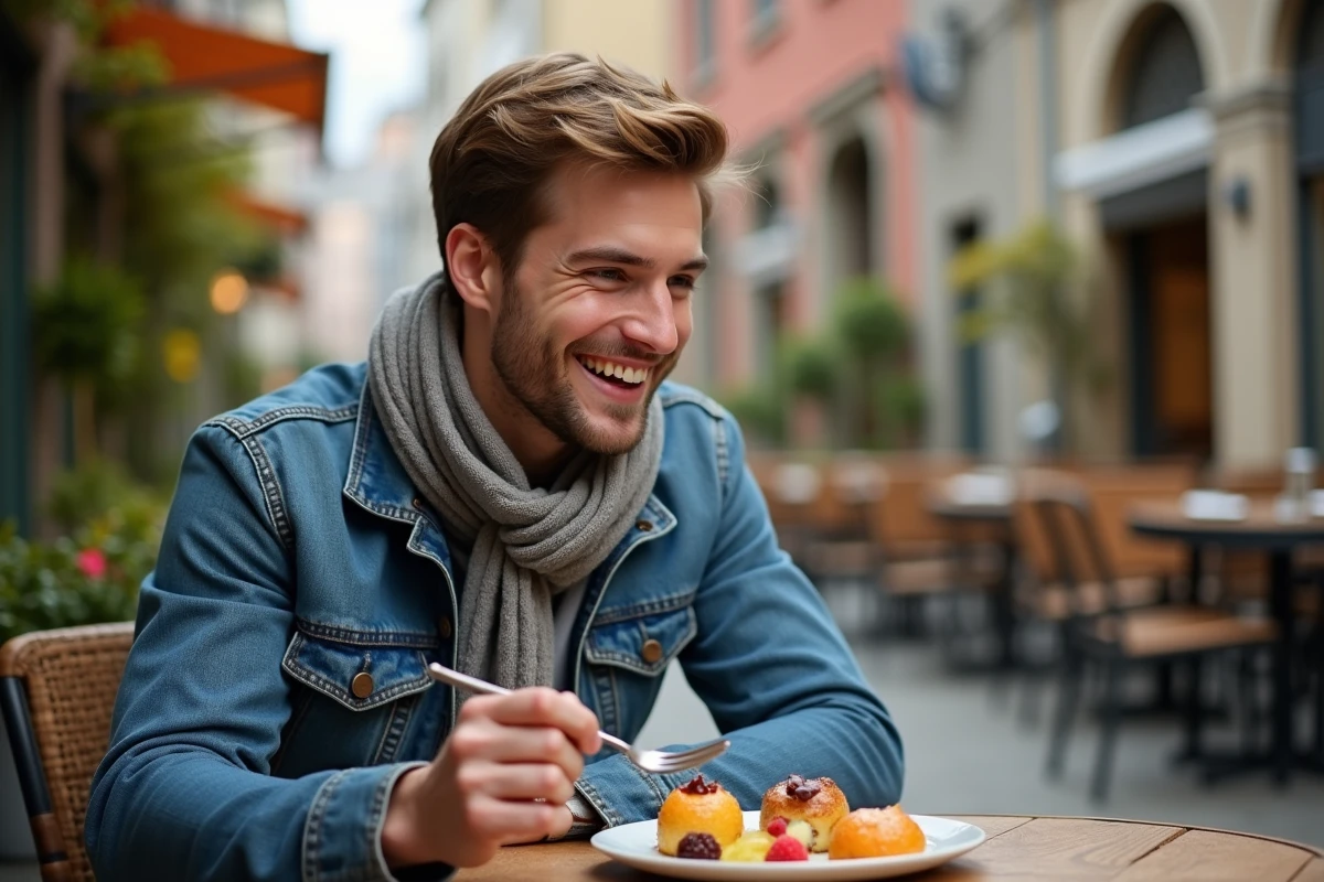 Jeune homme dégustant des desserts dans un café en plein air