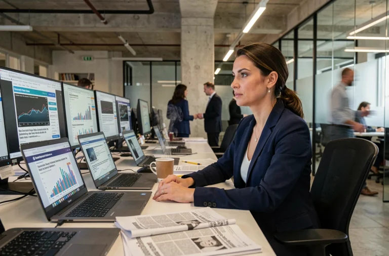 Journaliste femme consultant plusieurs écrans dans une salle de rédaction moderne pour suivre l'actualité en continu