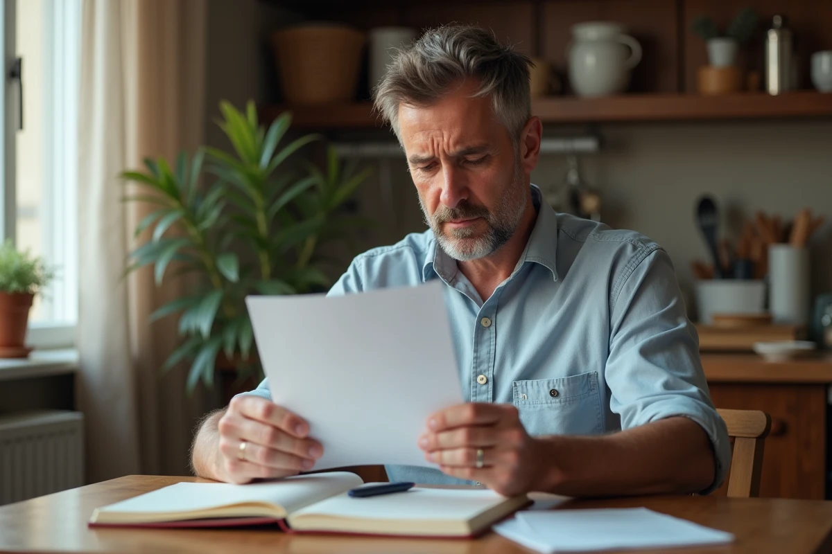 Homme lisant attentivement un document officiel relatif à la résiliation de son contrat d'insertion à domicile
