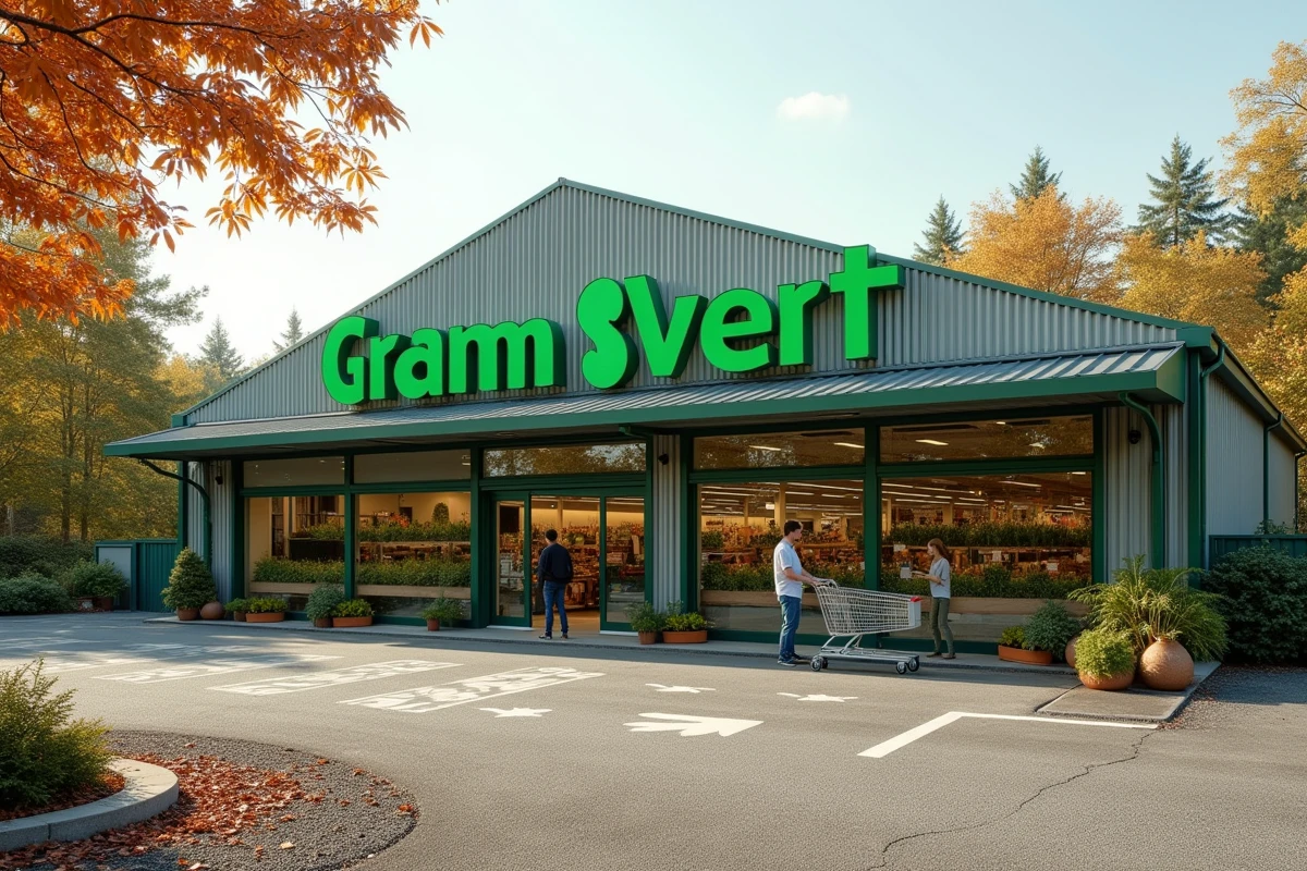 Façade d'un magasin Gamm Vert en zone commerciale rurale, contexte du rachat du groupe par un nouvel acquéreur