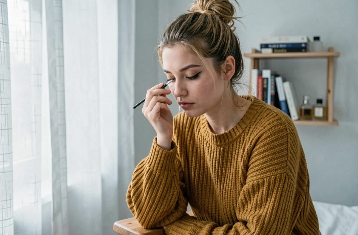 Jeune femme se maquillant les yeux avec un eye-liner fin dans une chambre de style scandinave