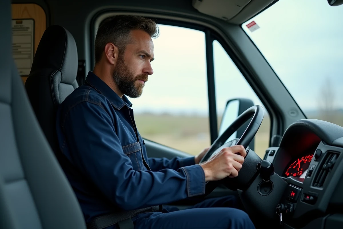 Mécanicien avec barbe dans la cabine d'un Iveco Daily