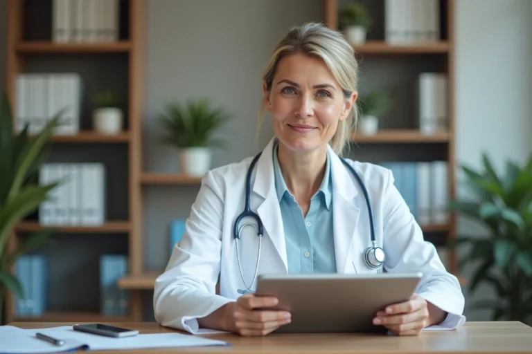 Médecin femme consultant un dossier patient sur tablette dans un cabinet médical moderne et organisé