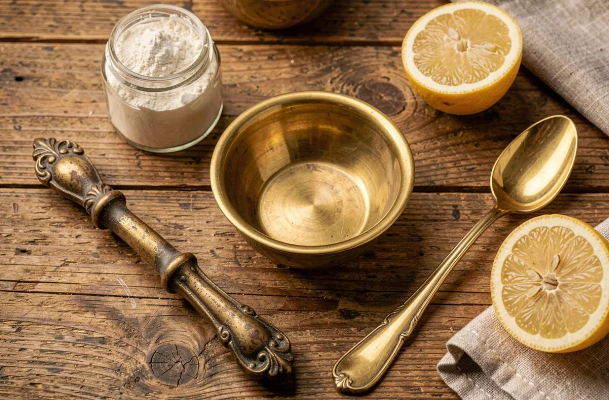 Objets en laiton à différentes étapes de nettoyage disposés sur une table en bois avec des ingrédients naturels comme le citron et la pâte maison