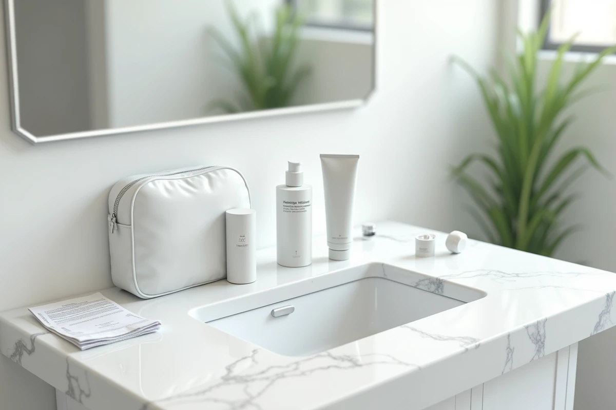 Présentation à plat d'un tube de dentifrice de moins de 100ml avec sac transparent et effets personnels pour voyage en avion