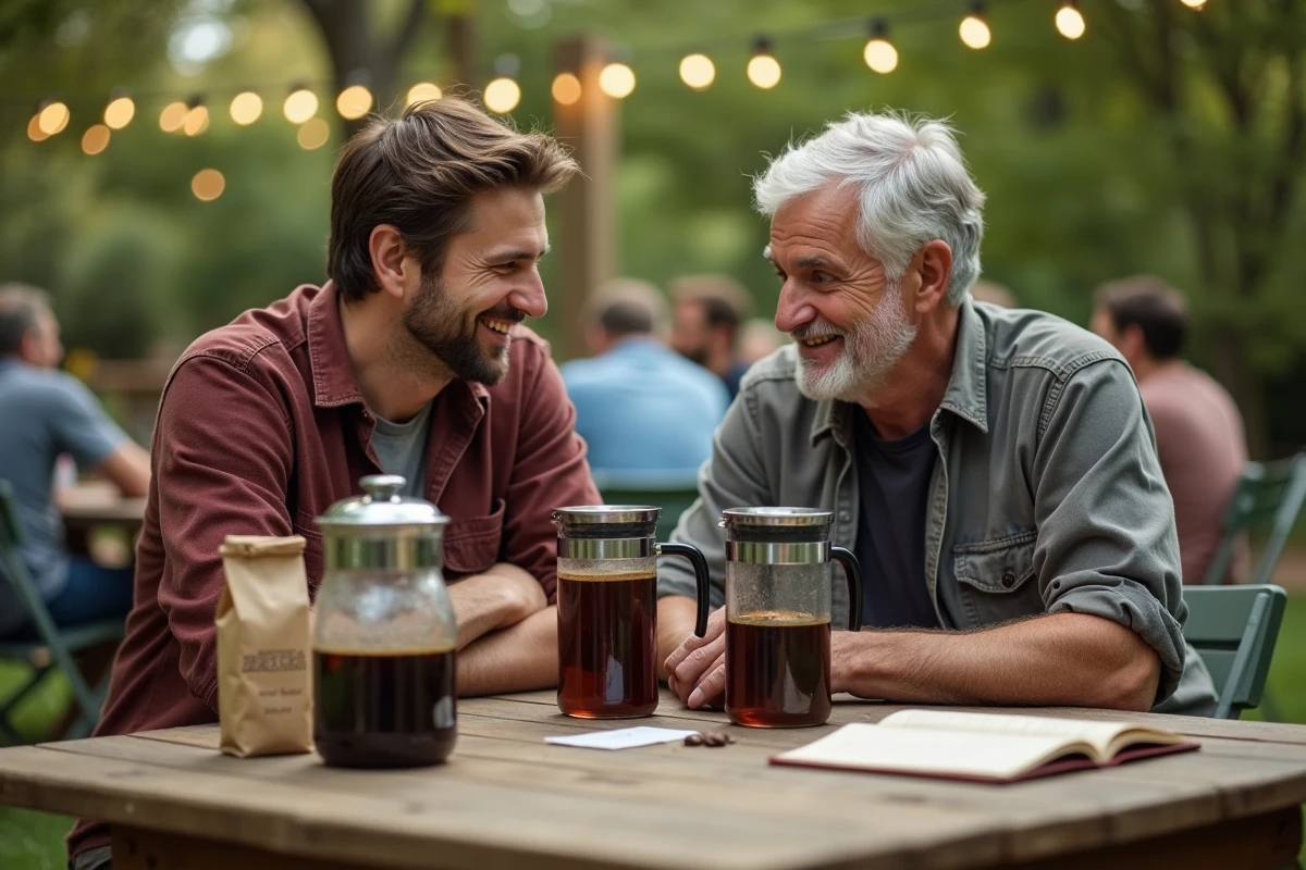 Deux hommes préparant du café en grande quantité avec des cafetières à piston et une percolateur lors d'un rassemblement en plein air pour une trentaine d'invités