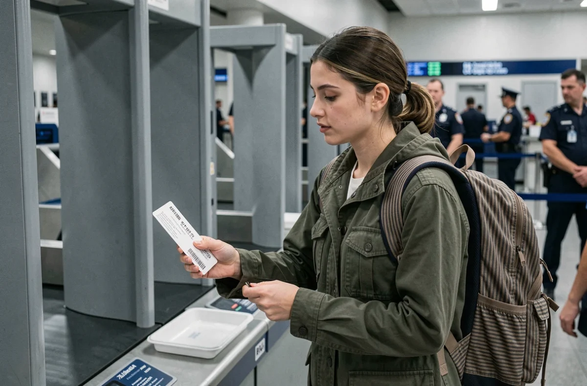 Jeune femme présentant sa carte d'embarquement papier au contrôle de sécurité d'un aéroport