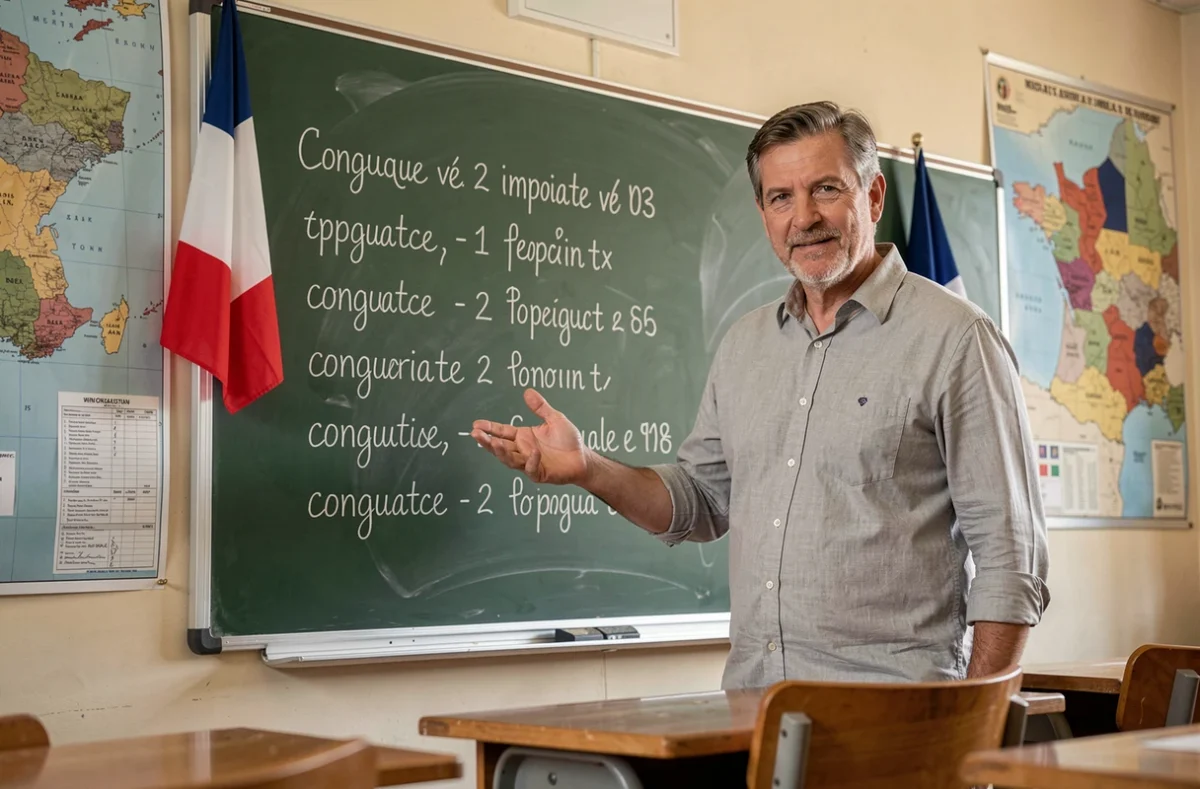 Professeur de français devant un tableau noir avec des conjugaisons de l'impératif écrites à la craie