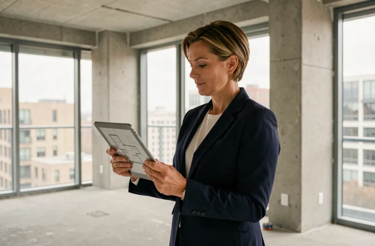 Femme professionnelle de l'immobilier tenant une tablette avec des plans d'architecte dans un appartement en rénovation moderne