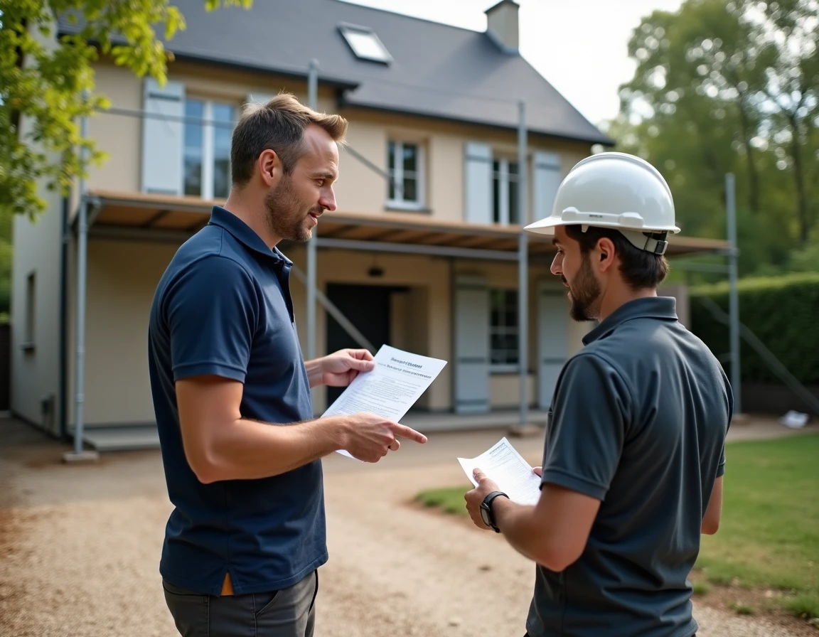 Propriétaire discutant d'un permis de construire avec un entrepreneur devant une maison en rénovation