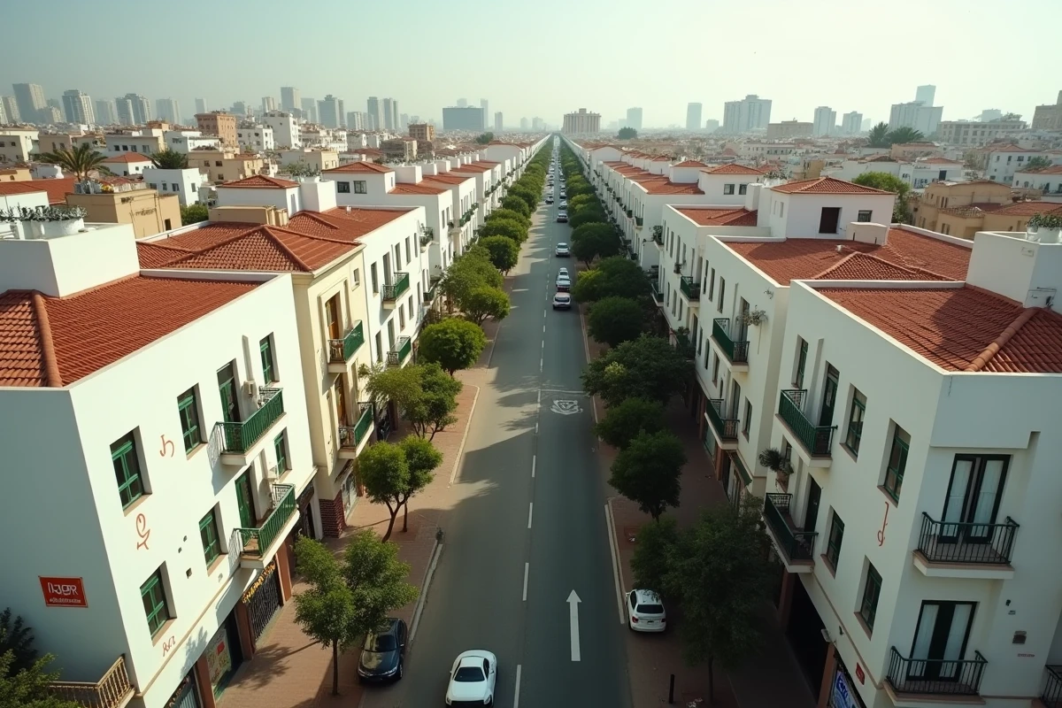 Vue de rue d'un quartier résidentiel avec des panneaux de location à Rabat au Maroc