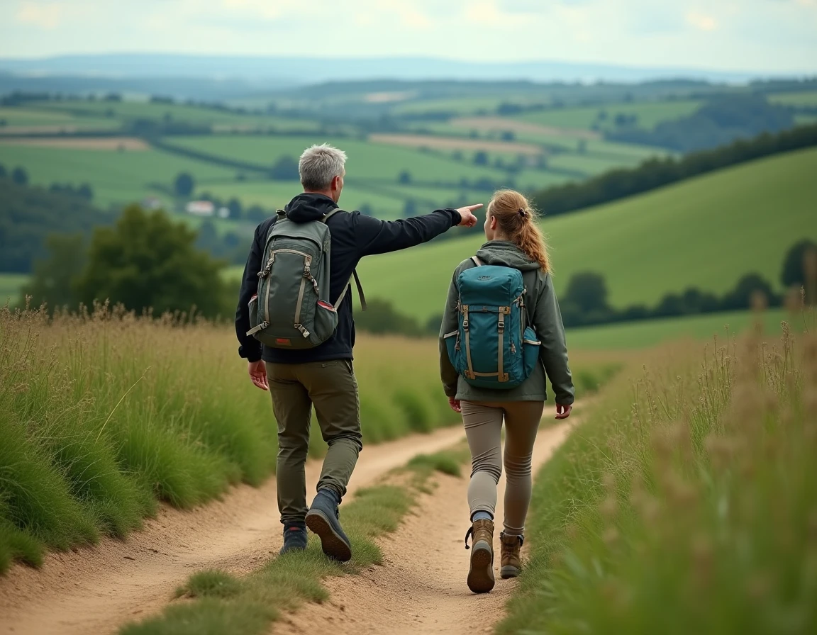 Couple de randonneurs explorant un sentier de campagne verdoyante en France avec sacs à dos