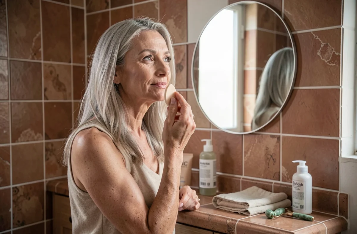 Femme mature appliquant une crème teintée devant un miroir rond dans une salle de bain aux carreaux terracotta