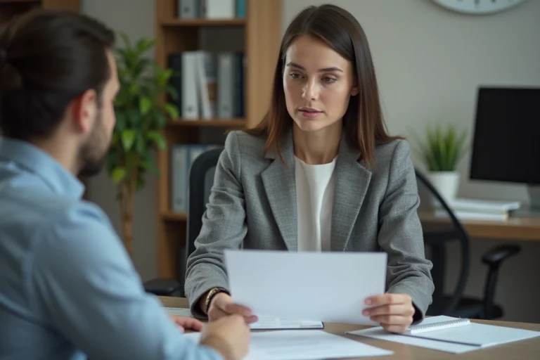 Femme discutant de la rupture anticipée de son contrat d'insertion avec un conseiller dans une agence pour l'emploi