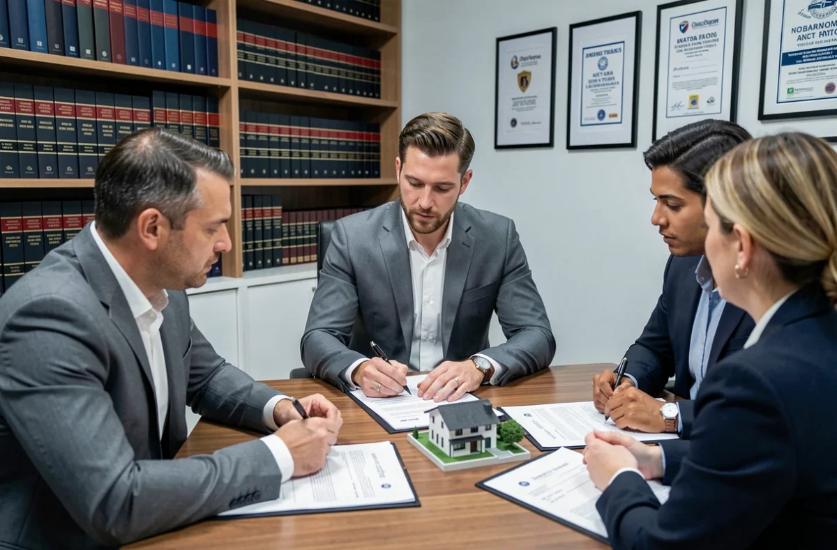 Agent immobilier et clients signant un contrat de vente immobilière dans un bureau notarial élégant