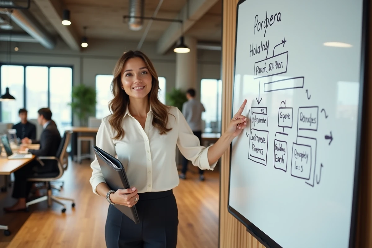 Professionnelle de l'immobilier présentant une structure de société mère et filiale immobilière sur un tableau blanc en open space